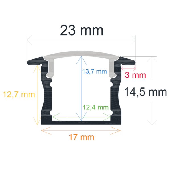 Perfil LED de empotrar de 23 mm x 14,5 mm negro