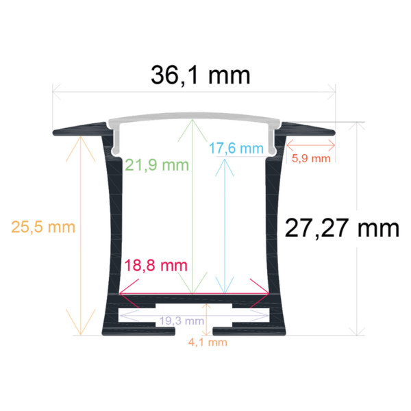 Perfil LED para empotrar en el techo de 36,1 mm x 27,27 mm
