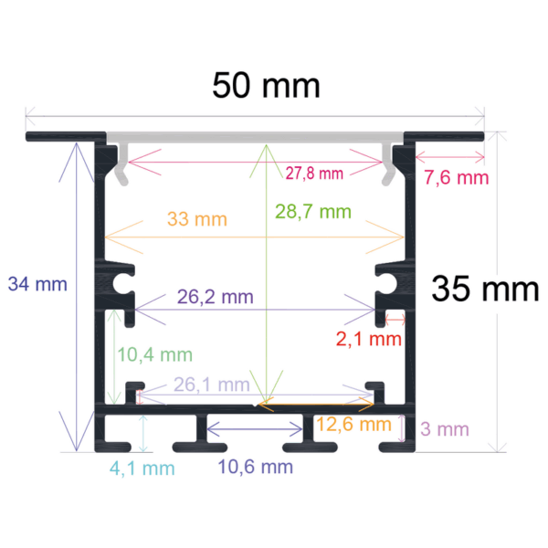 Perfil LED para empotrar en techos o paredes de 50 mm x 35 mm