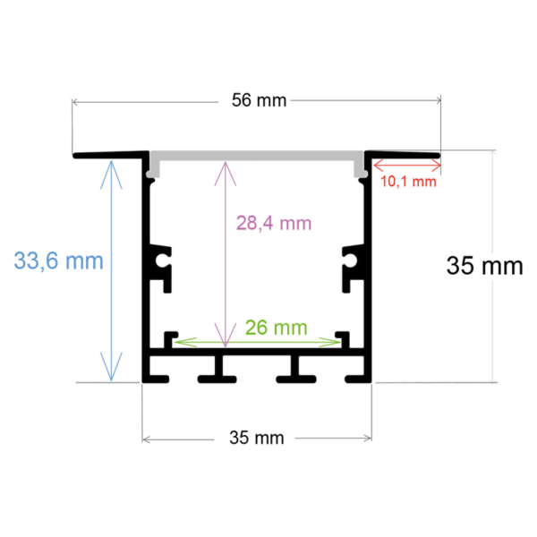 Perfil LED para empotrar o colgar de 56 mm x 35 mm