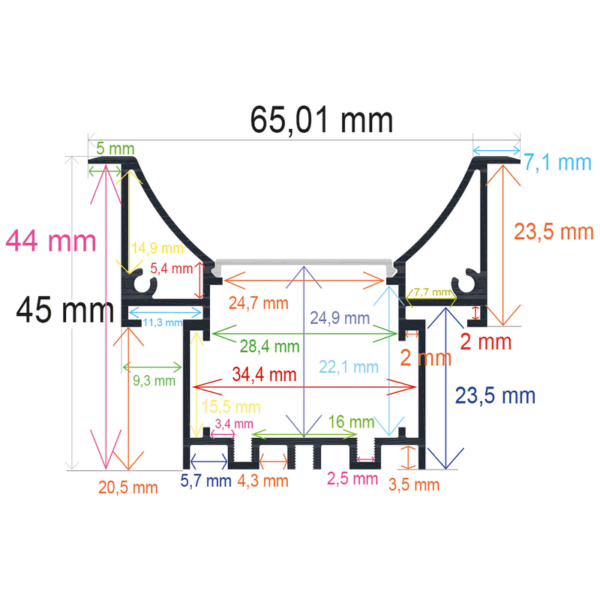 Perfil LED cóncavo para empotrar en techos o paredes de 65,01 mm x 45 mm